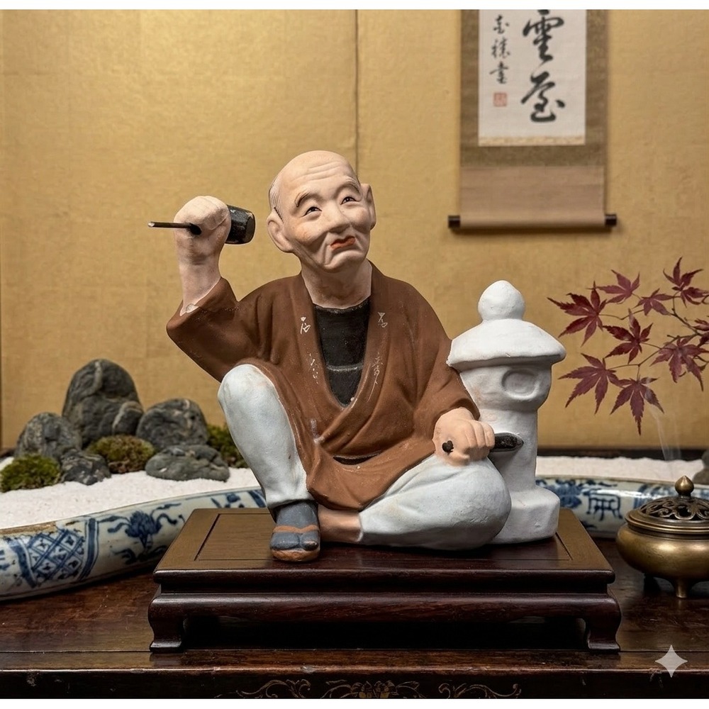 Vintage Hakata Urasaki Japanese Clay Doll Stone Carver Lantern Maker Figurine